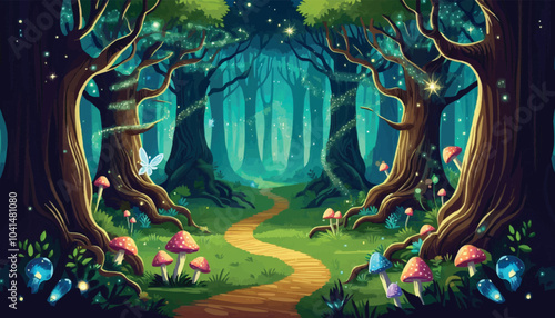 Mystical woodland with ancient trees lush vegetation and sparkling fairy lights background
