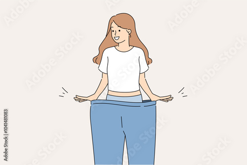 Happy woman lost weight smiles while trying on large size pants and rejoices at progress