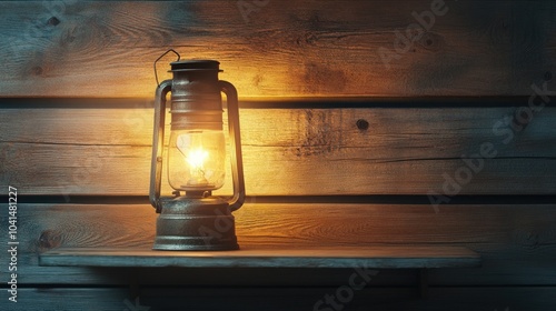 Old-fashioned lantern on a wooden shelf, no people, with open space for text