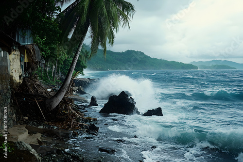 A tropical island bracing for the impact of a turbulent sea with crashing waves, palm trees swaying, and a dramatic sky above photo