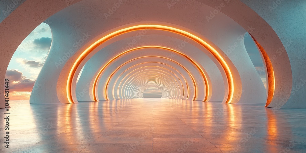 Abstract Tunnel of Arched White Walls with Warm Golden Lights and a Sunset View Abstract Tunnel of Arched White Walls with Warm Golden Lights and a Sunset View