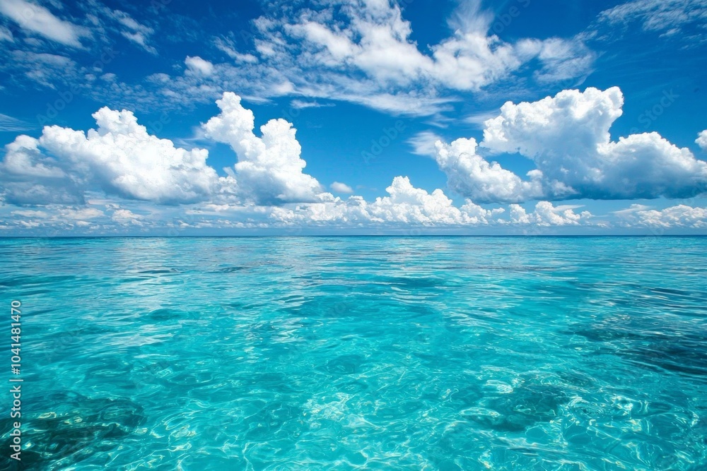 Obraz premium A serene scene of the clear blue sky and turquoise ocean, with fluffy white clouds in the background. The water is crystal clear, reflecting the vibrant colors of the sky above it. 