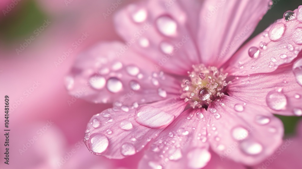 Delicate pink flower enhanced with dew drops representing beauty and freshness Ideal for nature and floral themed projects Delicate pink flower enhanced with dew drops representing beauty and freshness Ideal for nature and floral themed projects