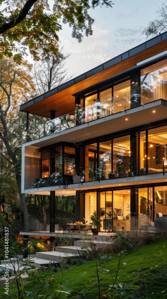 A modern house with unique architecture features glass walls connecting indoors to outdoors, set in a serene nature backdrop, blending luxury living with natural landscape. A modern house with unique architecture features glass walls connecting indoors to outdoors, set in a serene nature backdrop, blending luxury living with natural landscape.