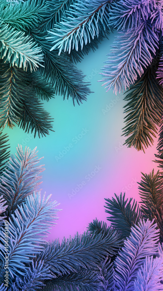 Bright winter poster with vivid fur tree branches framing a colorful gradient background in shades of blue and pink, creating a vibrant seasonal atmosphere Bright winter poster with vivid fur tree branches framing a colorful gradient background in shades of blue and pink, creating a vibrant seasonal atmosphere