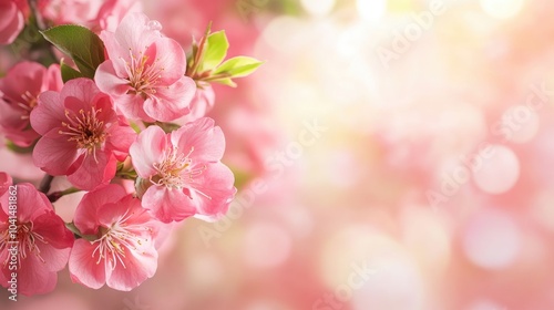 Abundant pink flowers on a branch with a plant backdrop offering ample space for text