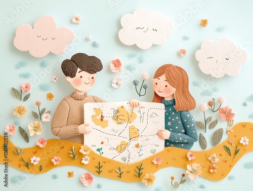 Playful scene with a couple tracing a route on an adorable, illustrated map, happy clouds above, tiny flowers surrounding them, soft, warm colors, midshot photo