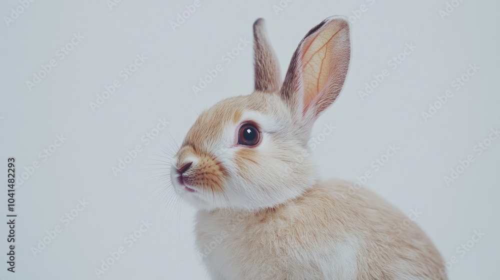 Studio portrait of a Mini Rex rabbit against a white backdrop Studio portrait of a Mini Rex rabbit against a white backdrop