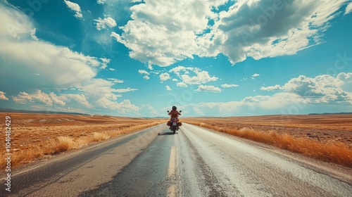 A motorcycle on a country road between white lines, fields, blue sky with white clouds symbolizes freedom and adventure on an open road trip.