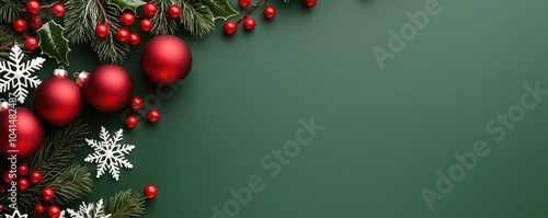 Festive green background with red ornaments, pine branches, and snowflakes, perfect for holiday-themed designs and decorations.