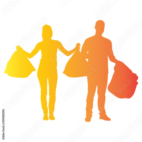 Volunteers Cleaning Trash Silhouette on White Background. Vector Illustration in Colorful Style