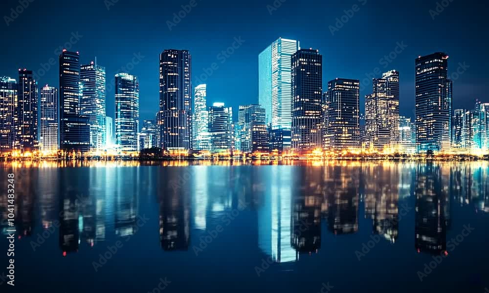 Nighttime cityscape with skyscrapers reflected in water Nighttime cityscape with skyscrapers reflected in water