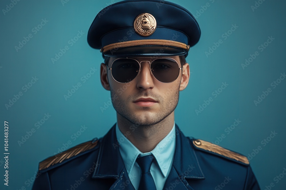 Pilot in Uniform with Aviator Sunglasses Portrait Pilot in Uniform with Aviator Sunglasses Portrait