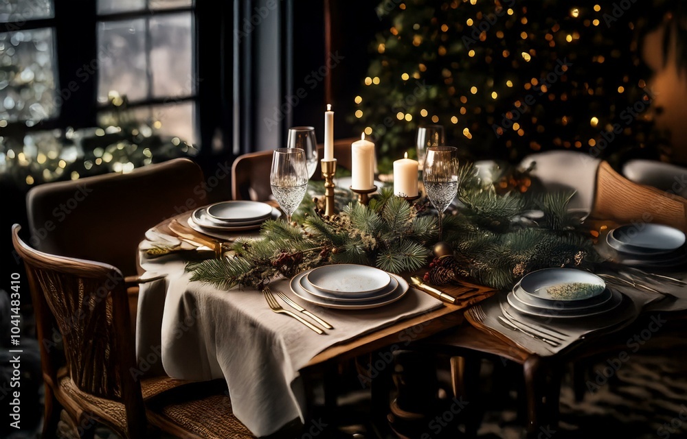 A warm and inviting dining table setting with candles, pine branches, and gold accents, illuminated by the soft glow of a window. A warm and inviting dining table setting with candles, pine branches, and gold accents, illuminated by the soft glow of a window.