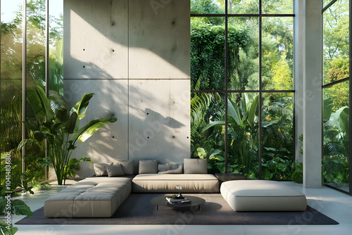 A sustainable living room featuring a concrete wall, large windows, and abundant greenery creates a serene and modern atmosphere photo