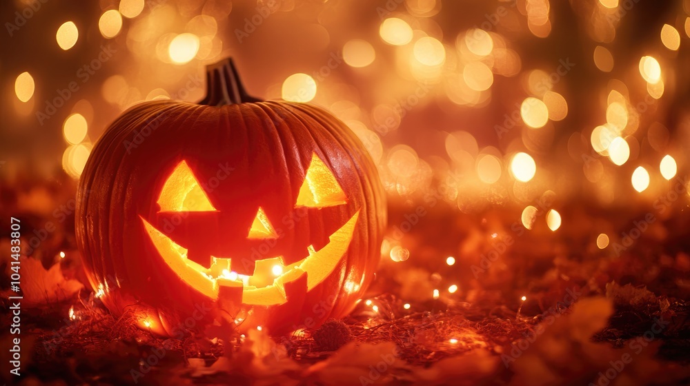 Glowing Halloween pumpkin illuminated by sparkling lights set against a blurred bokeh background Glowing Halloween pumpkin illuminated by sparkling lights set against a blurred bokeh background