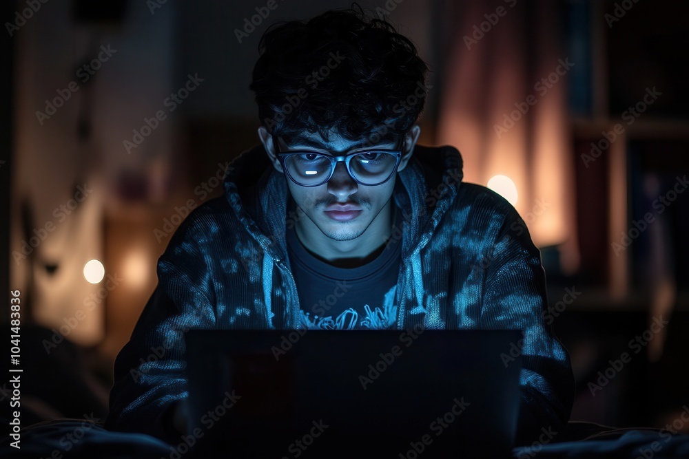 Person Working on Laptop in Dark Room Person Working on Laptop in Dark Room