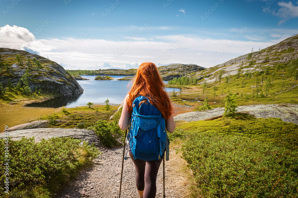 Naklejka premium woman hiker enjoying the serene Swedish landscape