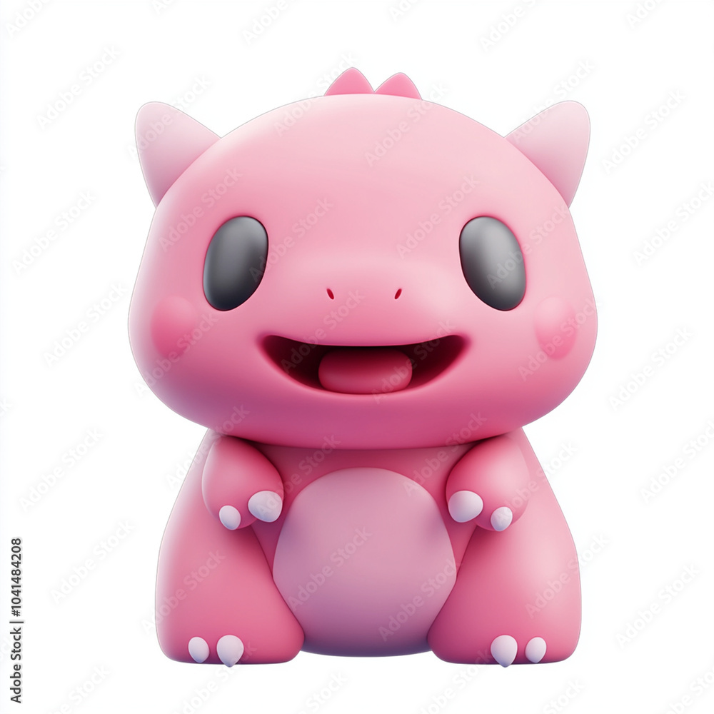 Cute pink dinosaur character with big smile and round eyes, designed in 3D style, perfect for childrens toys or animations. This adorable creature brings joy and playfulness to any setting