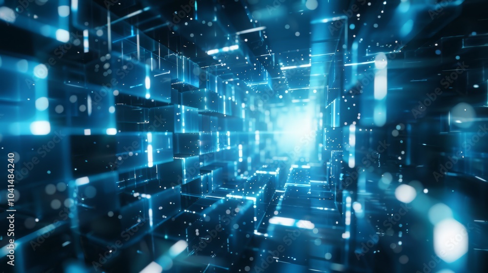 Futuristic abstract digital tunnel featuring glowing blue cubes and intricate grid patterns. Vibrant blue hues and dynamic designs create a sense of depth and motion, leading to a bright central light Futuristic abstract digital tunnel featuring glowing blue cubes and intricate grid patterns. Vibrant blue hues and dynamic designs create a sense of depth and motion, leading to a bright central light