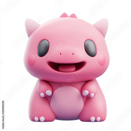 Cute pink dinosaur character with big smile and round eyes, designed in 3D style, perfect for childrens toys or animations. This adorable creature brings joy and playfulness to any setting