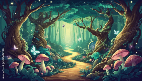 Mystical woodland with ancient trees lush vegetation and sparkling fairy lights background