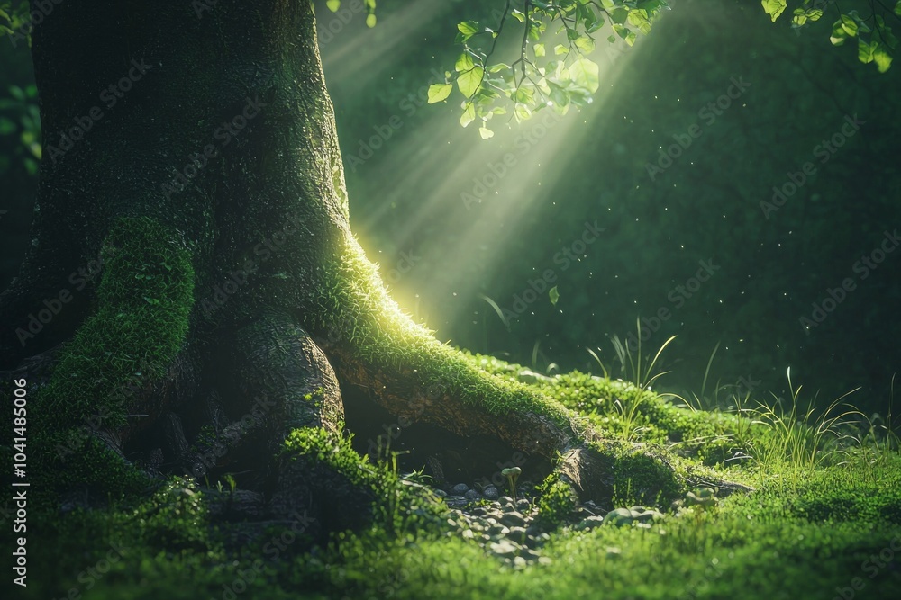 Fototapeta premium A tree with deep roots in the forest, a moss-covered trunk and green grass around it. A green background with sun rays shining through the leaves.