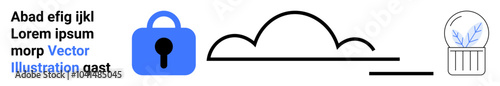 Lock with cloud and snow globe icons representing data security and cloud storage. Text snippet with blue and black colours and minimalistic style. Ideal for technology websites, security