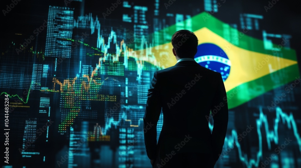 A businessman standing in front of a digital trading platform, economic growth, stock exchange with market chart, brazil economy and finance . investment trends global challenges. A businessman standing in front of a digital trading platform, economic growth, stock exchange with market chart, brazil economy and finance . investment trends global challenges.