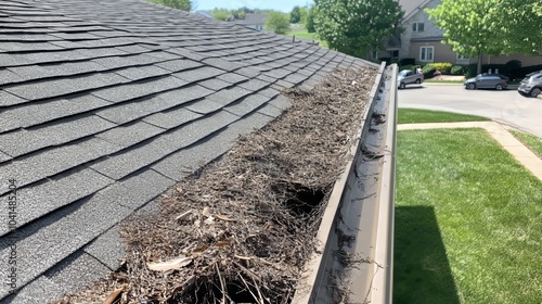 A close-up view of a clogged roof gutter filled with autumn leaves, illustrating a common household maintenance issue that arises in the fall, preventing proper drainage, requiring attention photo