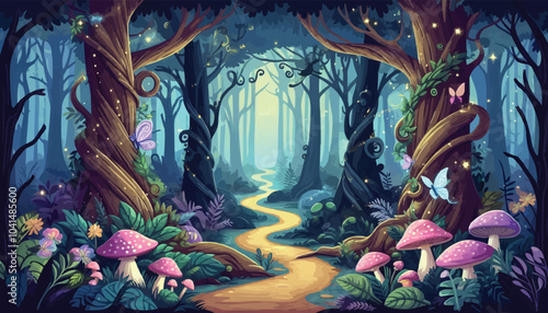 Mystical woodland with ancient trees lush vegetation and sparkling fairy lights background