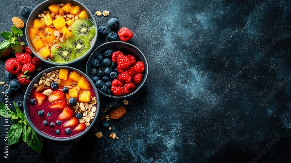 Vibrant smoothie bowls with fresh fruits and nuts, festival food, top view, copy space, no people Vibrant smoothie bowls with fresh fruits and nuts, festival food, top view, copy space, no people