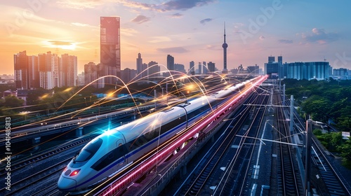 High-speed futuristic train in a smart city at sunset photo