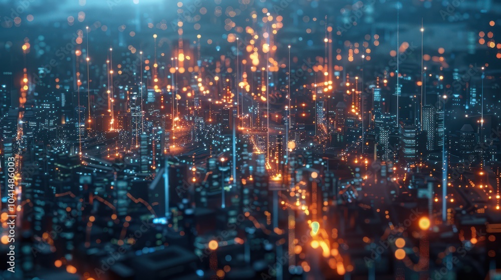 A futuristic smart city illuminated by glowing data points and AI-driven technology. The vibrant skyline and interconnected digital networks showcase advanced urban infrastructure A futuristic smart city illuminated by glowing data points and AI-driven technology. The vibrant skyline and interconnected digital networks showcase advanced urban infrastructure