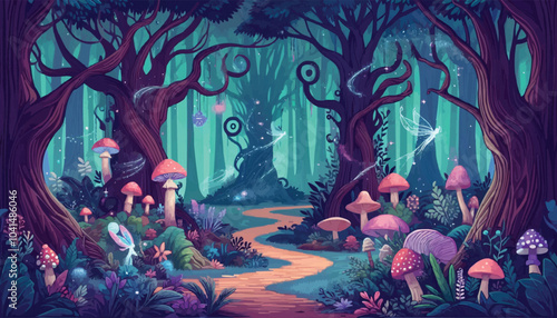 Mystical woodland with ancient trees lush vegetation and sparkling fairy lights background