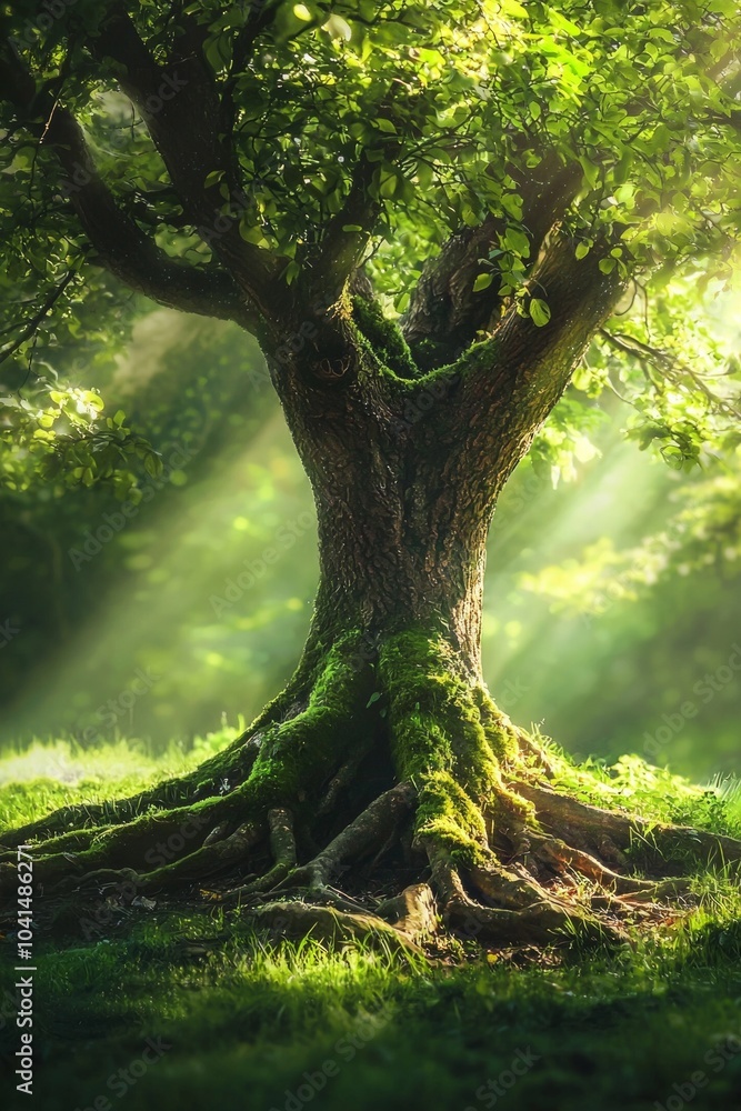 Fototapeta premium A tree with deep roots in the forest, a moss-covered trunk and green grass around it. A green background with sun rays shining through the leaves.
