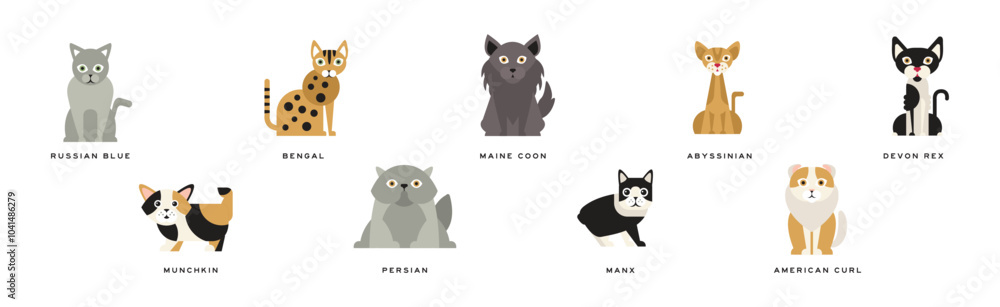 Different Cat Breed as Domestic Pet in Sitting Pose with Name Vector Set Different Cat Breed as Domestic Pet in Sitting Pose with Name Vector Set