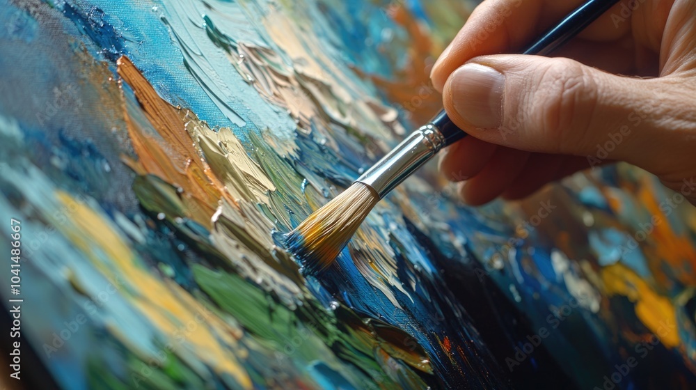 Close up of a hand holding a brush while applying oil paint onto a canvas Close up of a hand holding a brush while applying oil paint onto a canvas
