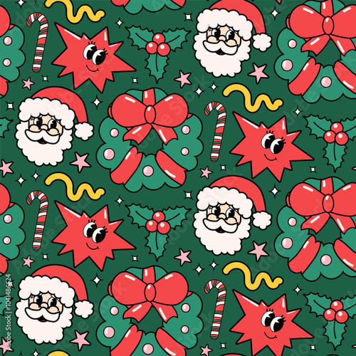 Christmas and Happy New Year seamless groovy pattern. Santa Claus, festive wreath, lollipop, candy, star, holy berry in cartoon style. Vector illustration for textile, wallpaper, wrapping paper