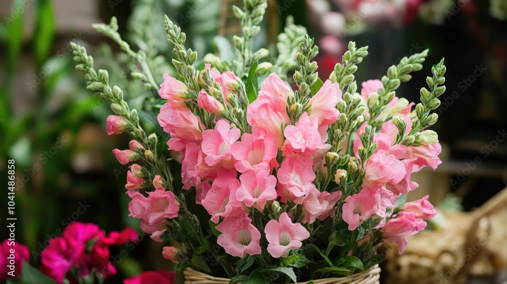 A stunning arrangement of vibrant pink snapdragon blooms featuring delicate petals alongside rich green foliage A stunning arrangement of vibrant pink snapdragon blooms featuring delicate petals alongside rich green foliage