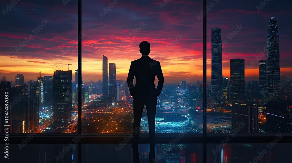 Silhouette of man looking at city. Perfect for business, success, and ambition themes. Silhouette of man looking at city. Perfect for business, success, and ambition themes.
