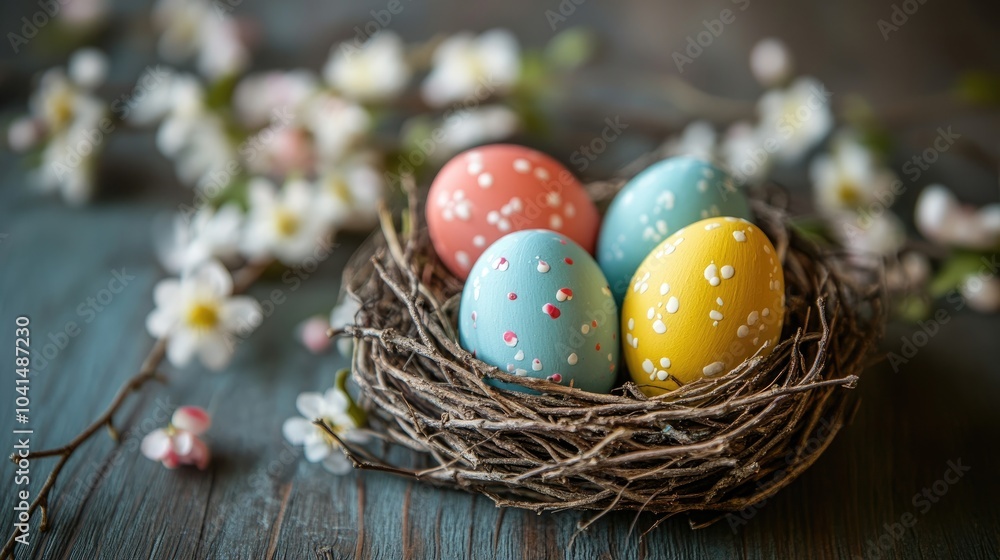Colorful painted eggs nestled in a twig nest showcasing a close up view on a wooden table adorned with scattered spring flowers creating a festive backdrop for Easter Colorful painted eggs nestled in a twig nest showcasing a close up view on a wooden table adorned with scattered spring flowers creating a festive backdrop for Easter