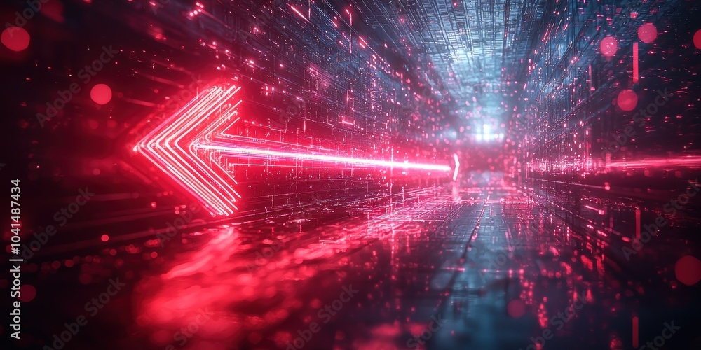 Fototapeta premium A Neon Red Arrow Points Through a Glittering Cyberspace Tunnel