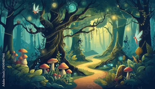 Mystical woodland with ancient trees lush vegetation and sparkling fairy lights background