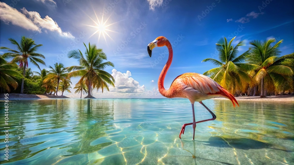 Obraz premium A solitary flamingo wades through the crystal-clear turquoise waters of a tropical lagoon, surrounded by swaying palm trees and a brilliant blue sky.