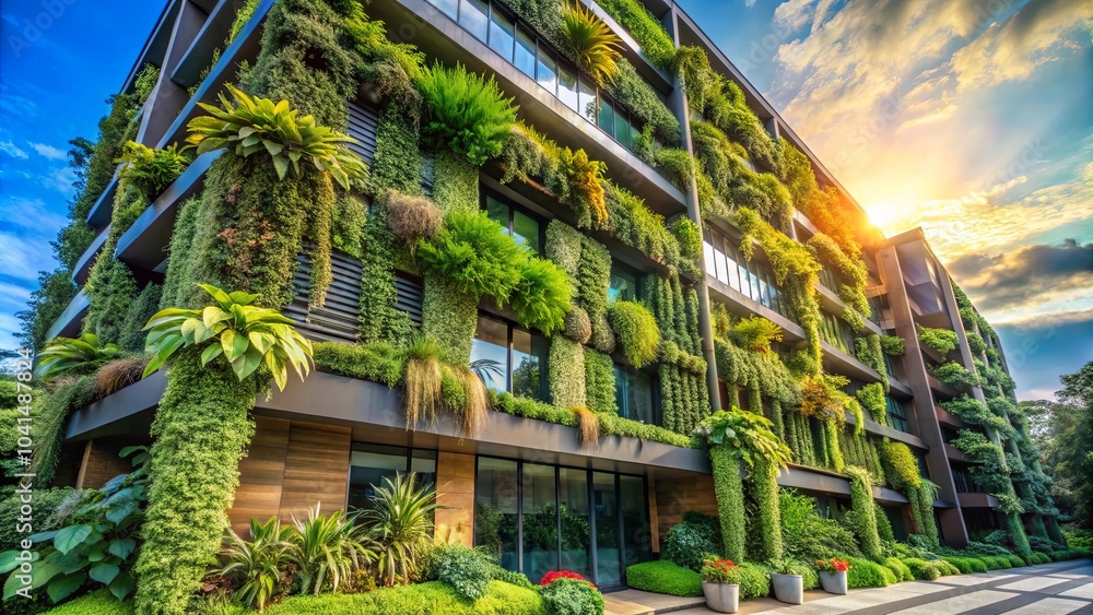Fototapeta premium An Architectural Tapestry of Green, Woven with Nature's Threads, Standing Tall Against a Sky Painted with Golden Hues