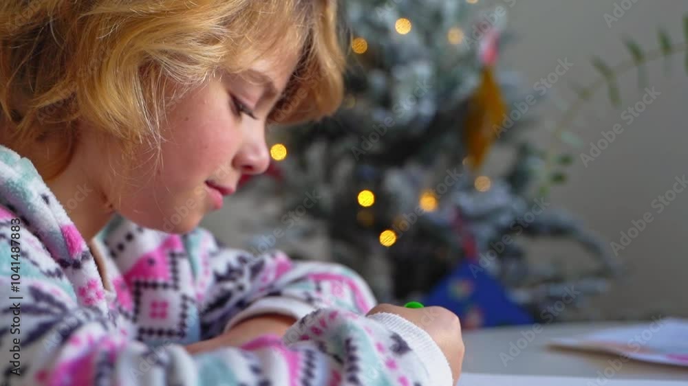 Child writing letter to Santa Christmas New Year holiday, cosy home Christmas decoration and lights, girl dreaming drawing colorful pencils preparing gifts presents for family, boy wishing Santa Claus Child writing letter to Santa Christmas New Year holiday, cosy home Christmas decoration and lights, girl dreaming drawing colorful pencils preparing gifts presents for family, boy wishing Santa Claus