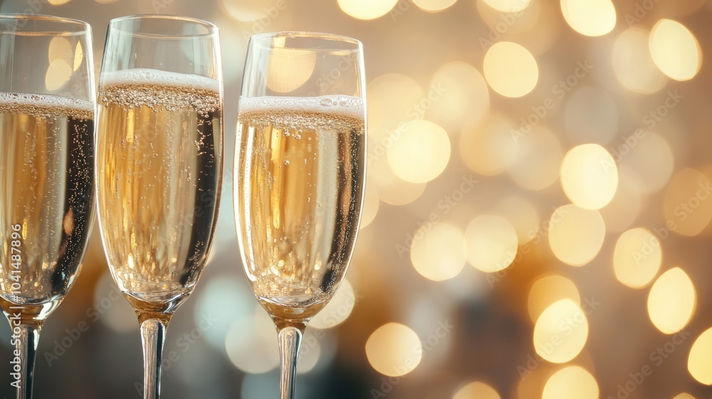 Champagne glasses on a festive table with a shimmering bokeh backdrop A celebration banner featuring sparkling wine Champagne glasses on a festive table with a shimmering bokeh backdrop A celebration banner featuring sparkling wine