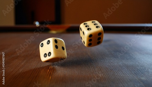 The moment before a dice rolling from a table comes to a stop