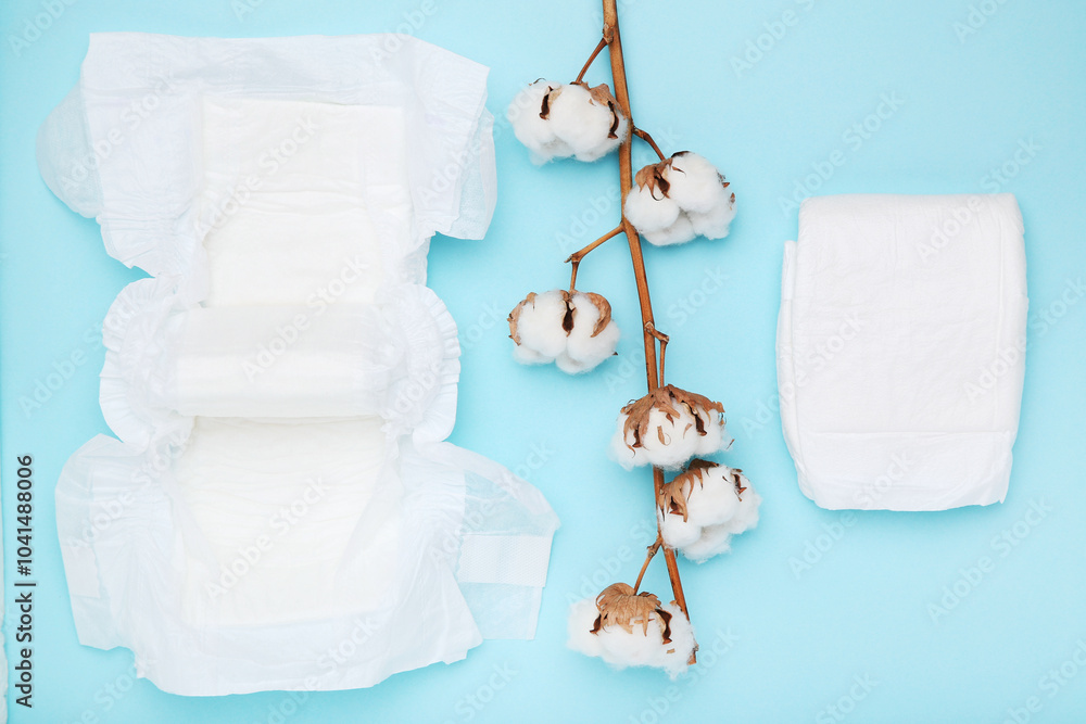 Baby diapers with cotton flowers on blue background